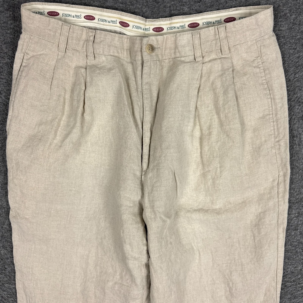 Joseph Feiss Pants Men 35(32)x28 Beige 100% Linen Pleated Trousers Summer Resort